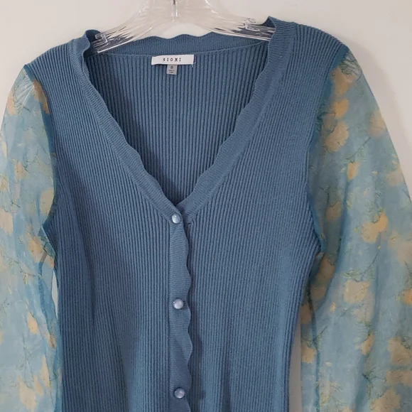 SIONI blu knit with Sheer floral Long Sleeves Sweater Top Cornflower blue Size S - Picture 10 of 16